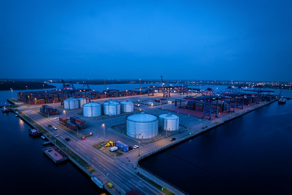 International port with fuel storage tanks and container terminal