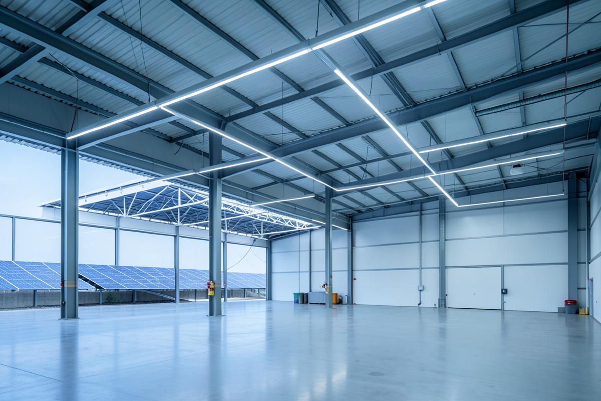 Warehouse with LED high-bay lighting and rooftop solar panels