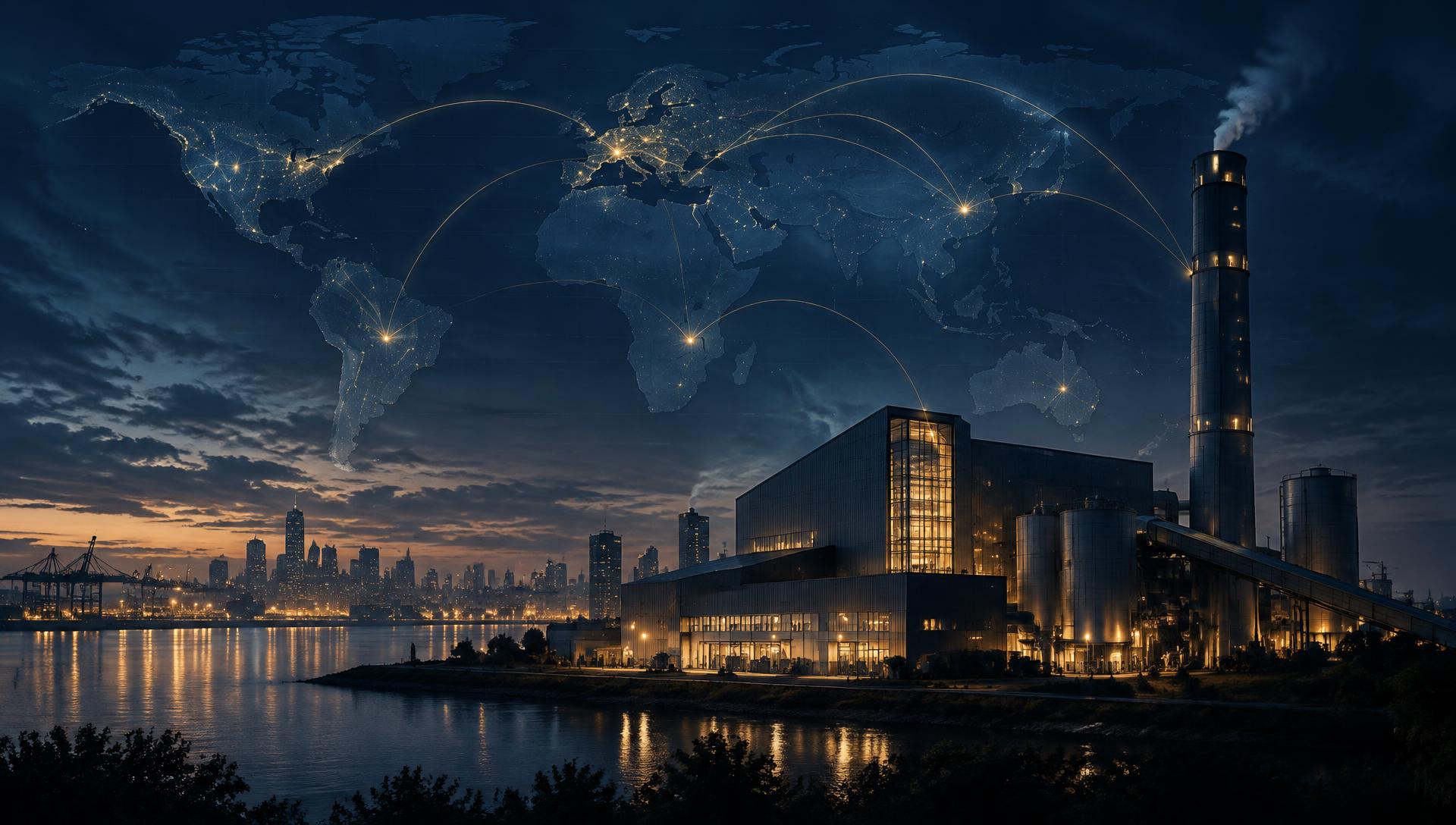 International waste-to-energy facility and port skyline with a global network overlay