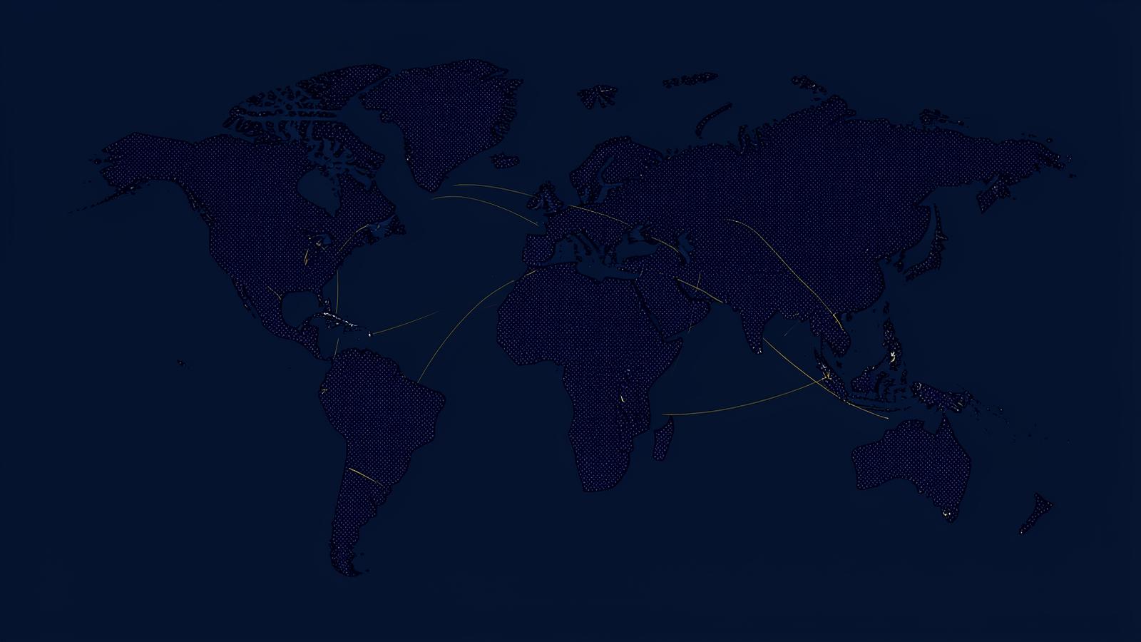 Dotted world map with connection arcs between international regions